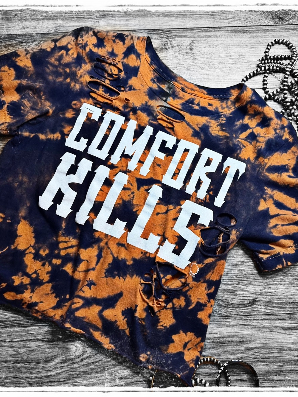Comfort Kills Tie-Dye Distressed Crop Top - Navy & Orange
